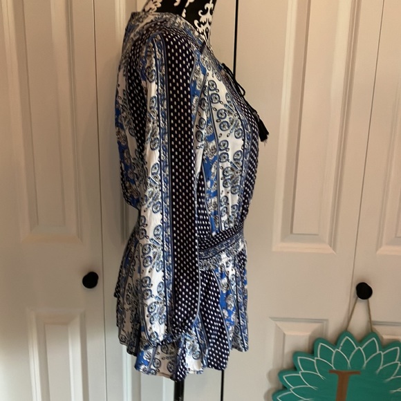 Fun black & white, white & blue & black, blue, white & black patchwork boho top - Picture 3 of 16